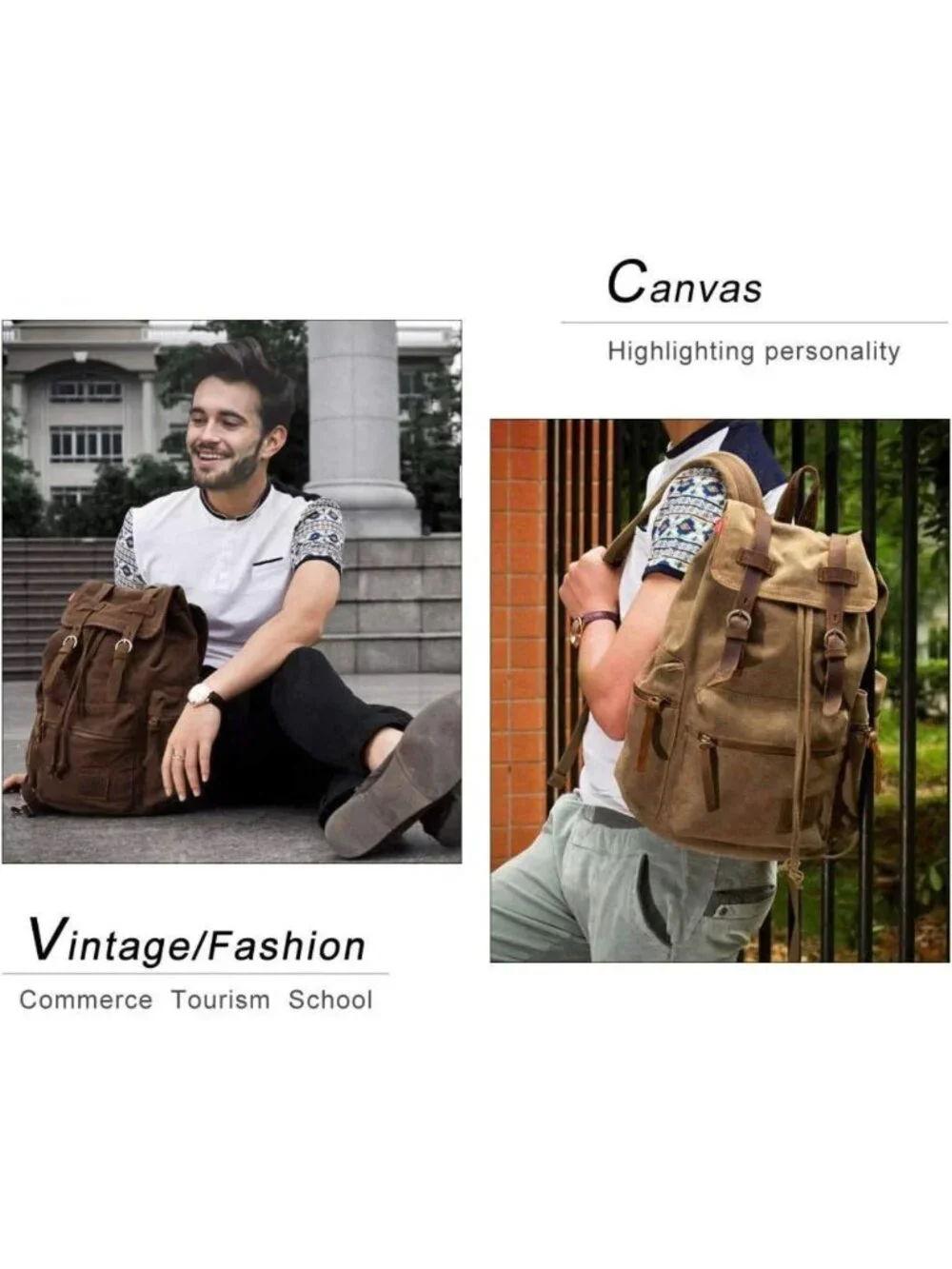 Vintage Canvas Backpack with Leather Trim, Padded Laptop Sleeve, Casual Daypack